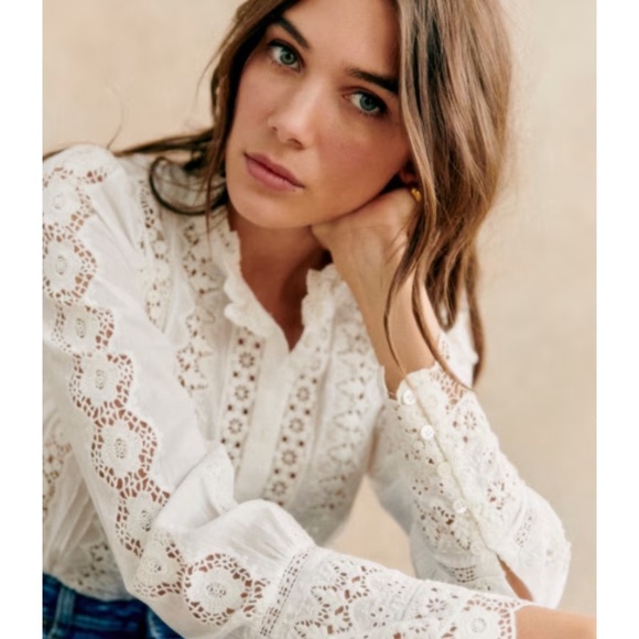 Sezane Tops - Sezane White (Ecru) Long-Sleeve Button Down Cotton Lace Blouse/Shirt sz S